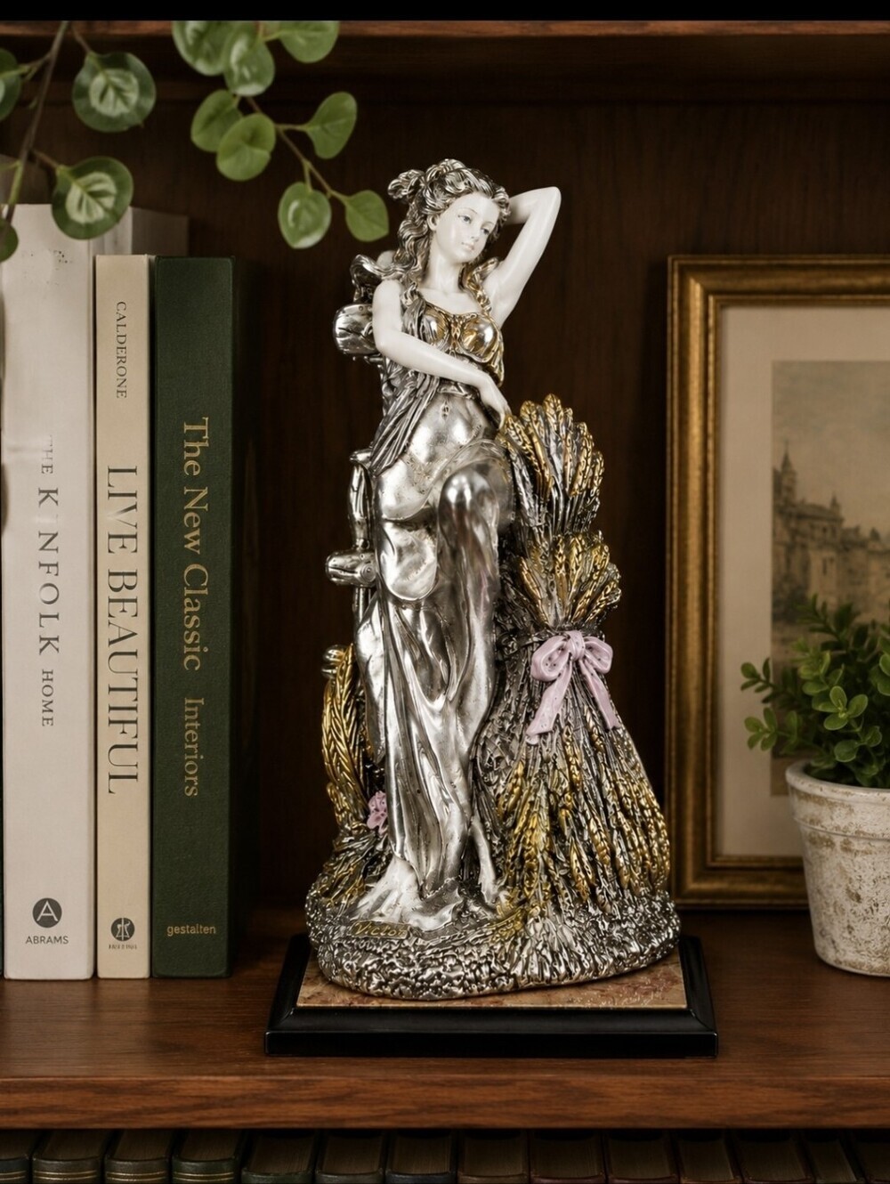 Signed Victor 9 inches tall, Lady Figurine Sculpture Silver Gold Tone, Vintage